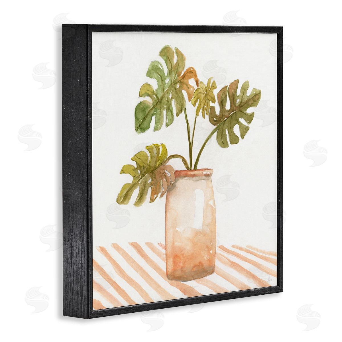 Nan Monstera Plant Ceramic Glazed Pot Striped Patterned Tabletop Black Framed Glicee Wall Art Print