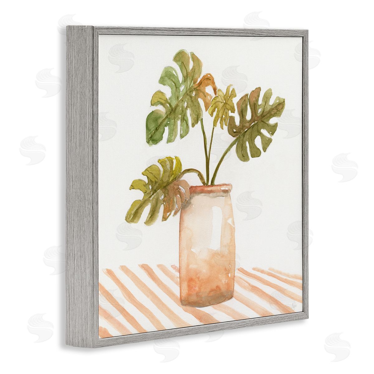 Nan Monstera Plant Ceramic Glazed Pot Striped Patterned Tabletop Gray Framed Glicee Wall Art Print