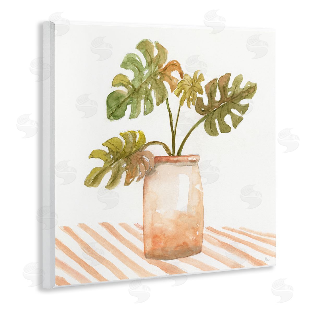 Nan Monstera Plant Ceramic Glazed Pot Striped Patterned Tabletop Wooden Wall Plaque Art Print