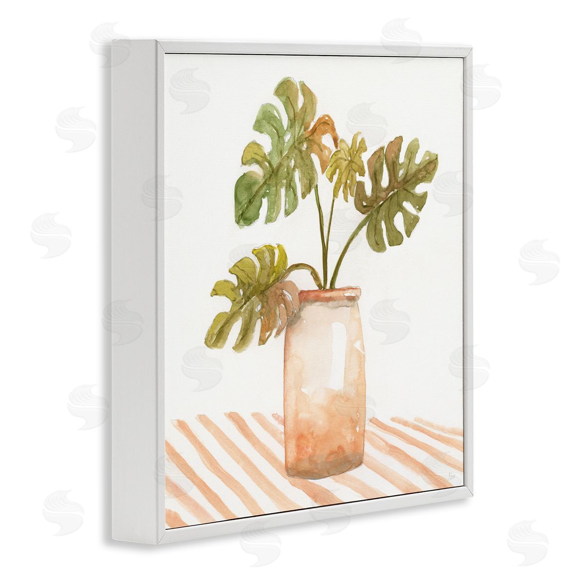 Nan Monstera Plant Ceramic Glazed Pot Striped Patterned Tabletop White Framed Glicee Wall Art Print