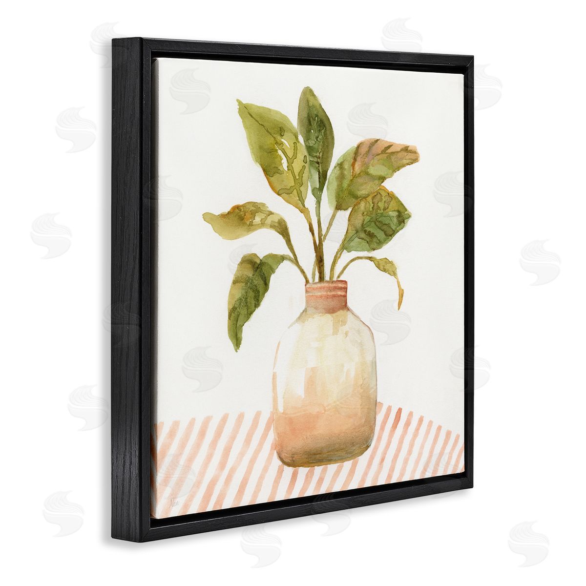 Nan Calathea Plant Jar Abstract Furniture Striped Tablecloth   Black Floating Frame Canvas Wall Art Print