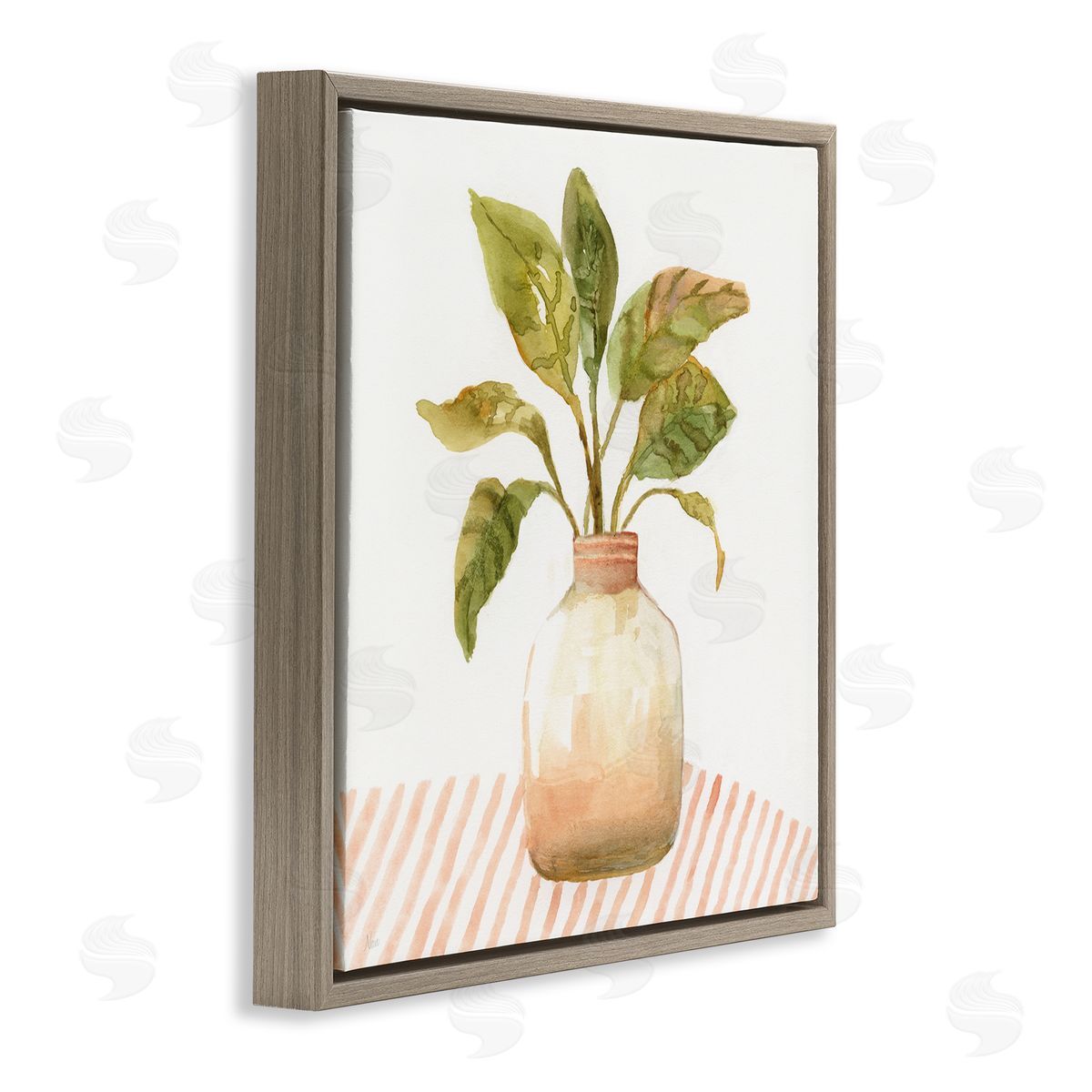 Nan Calathea Plant Jar Abstract Furniture Striped Tablecloth   Brown Floating Frame Canvas Wall Art Print