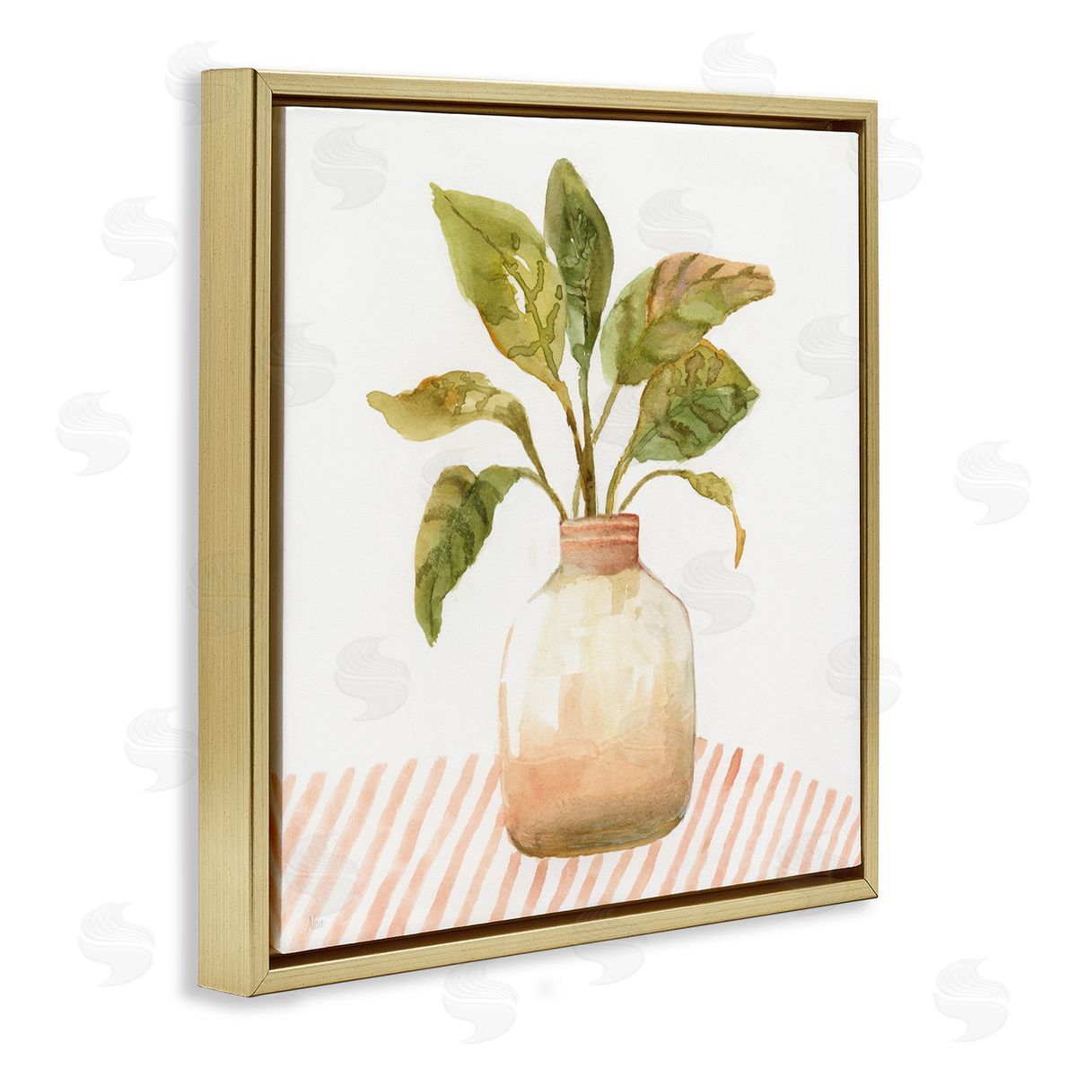 Nan Calathea Plant Jar Abstract Furniture Striped Tablecloth   Gold Floating Frame Canvas Wall Art Print