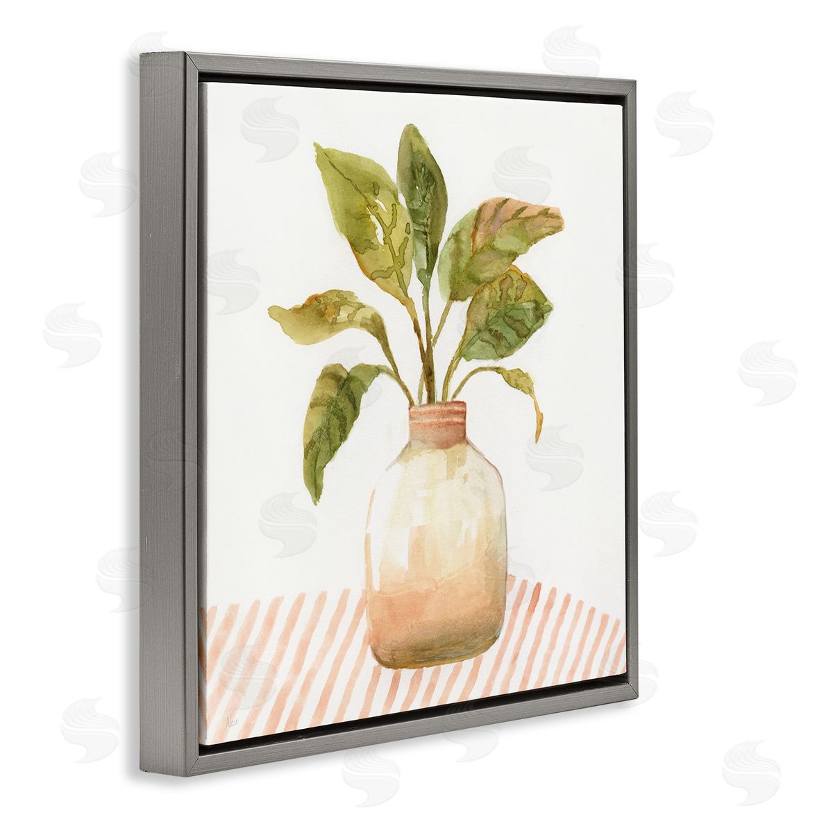 Nan Calathea Plant Jar Abstract Furniture Striped Tablecloth   Gray Floating Frame Canvas Wall Art Print