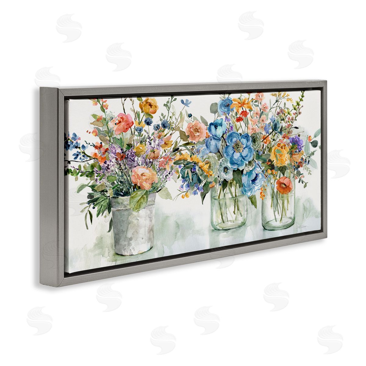 French Cottage Flower Jars Grey Floating Frame Canvas Wall Art, Home Decor by Carol Robinson