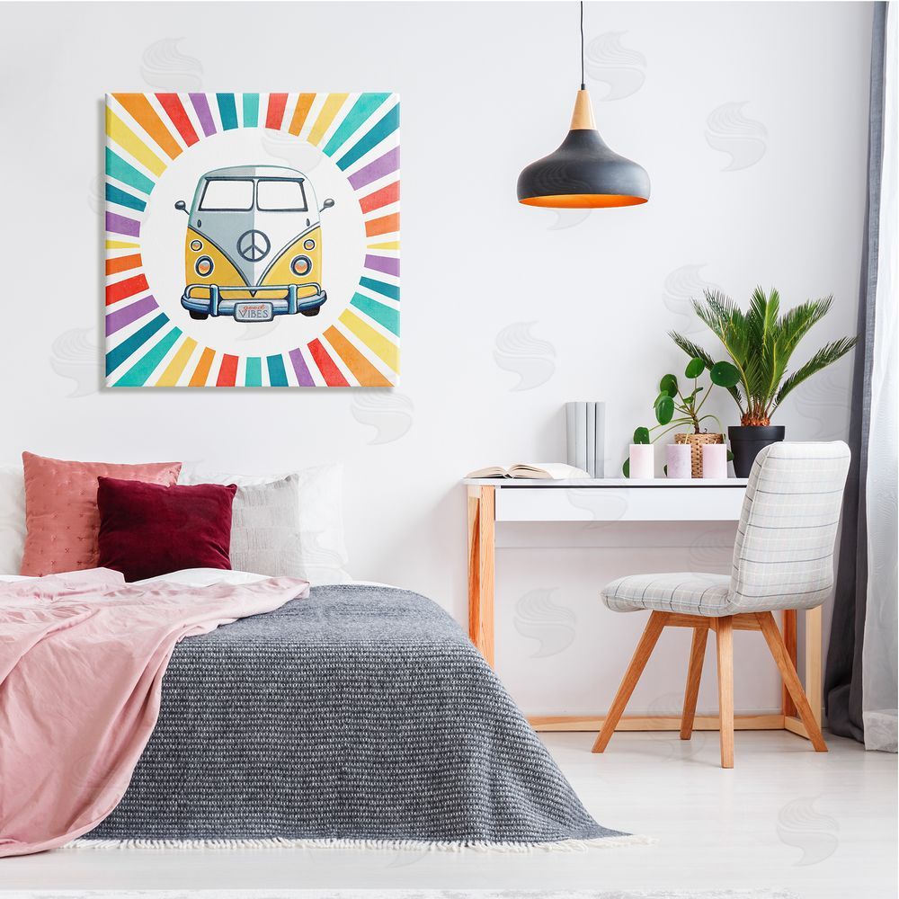 Elizabeth Tyndall Good Vibes Hippie Retro Camper Bus Rainbow Stripes Canvas Wall Art in Room