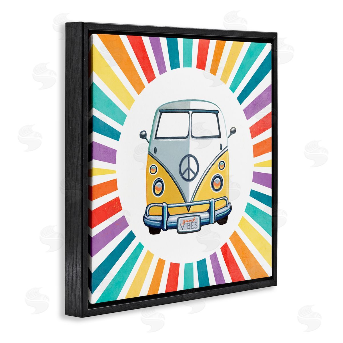 Elizabeth Tyndall Good Vibes Hippie Retro Camper Bus Rainbow Stripes Black Floating Frame Canvas Wall Art Print