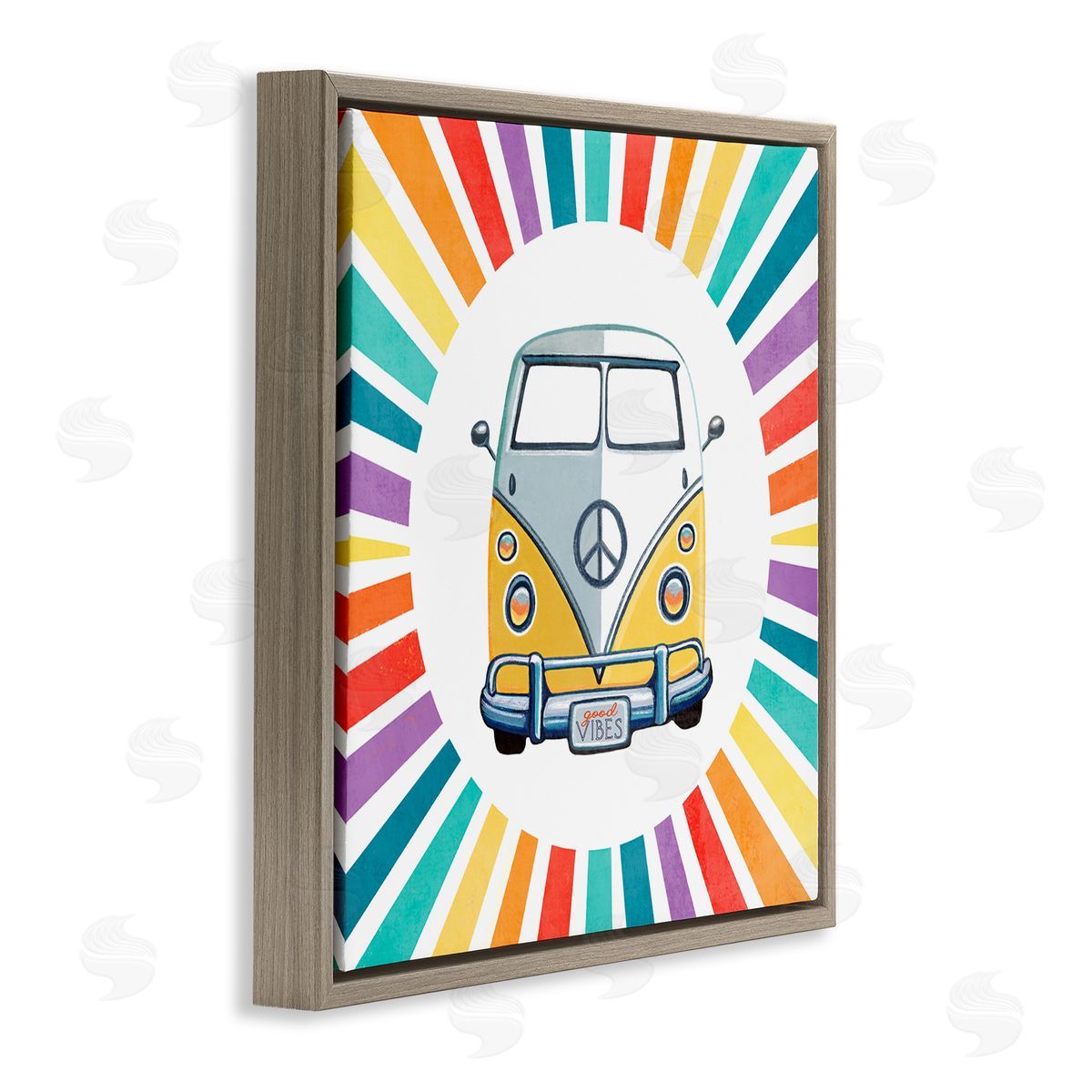 Elizabeth Tyndall Good Vibes Hippie Retro Camper Bus Rainbow Stripes Brown Floating Frame Canvas Wall Art Print
