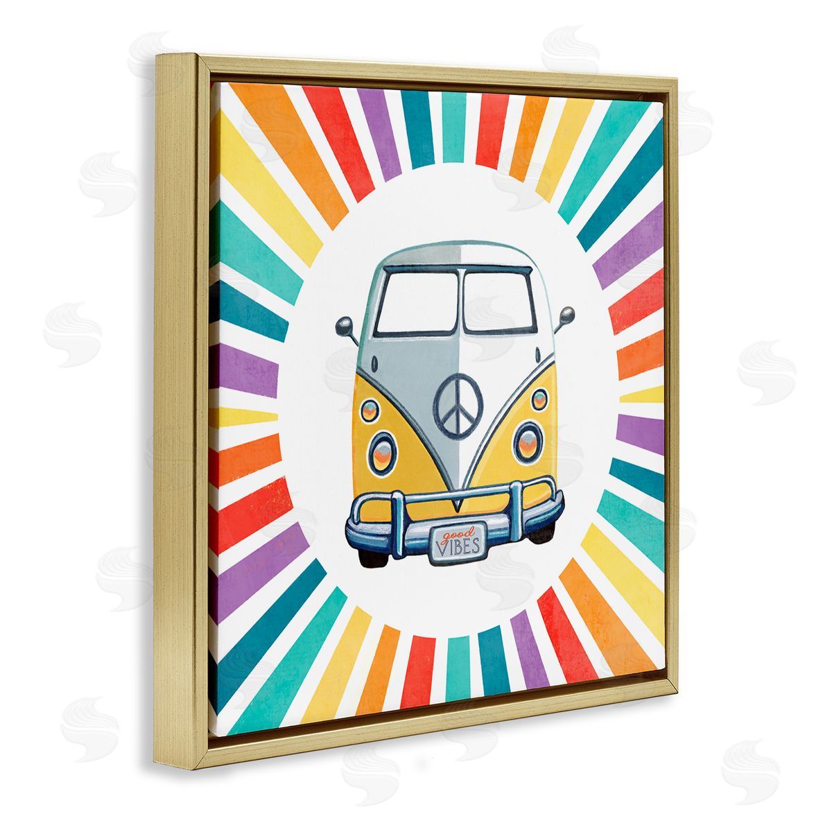 Elizabeth Tyndall Good Vibes Hippie Retro Camper Bus Rainbow Stripes Gold Floating Frame Canvas Wall Art Print