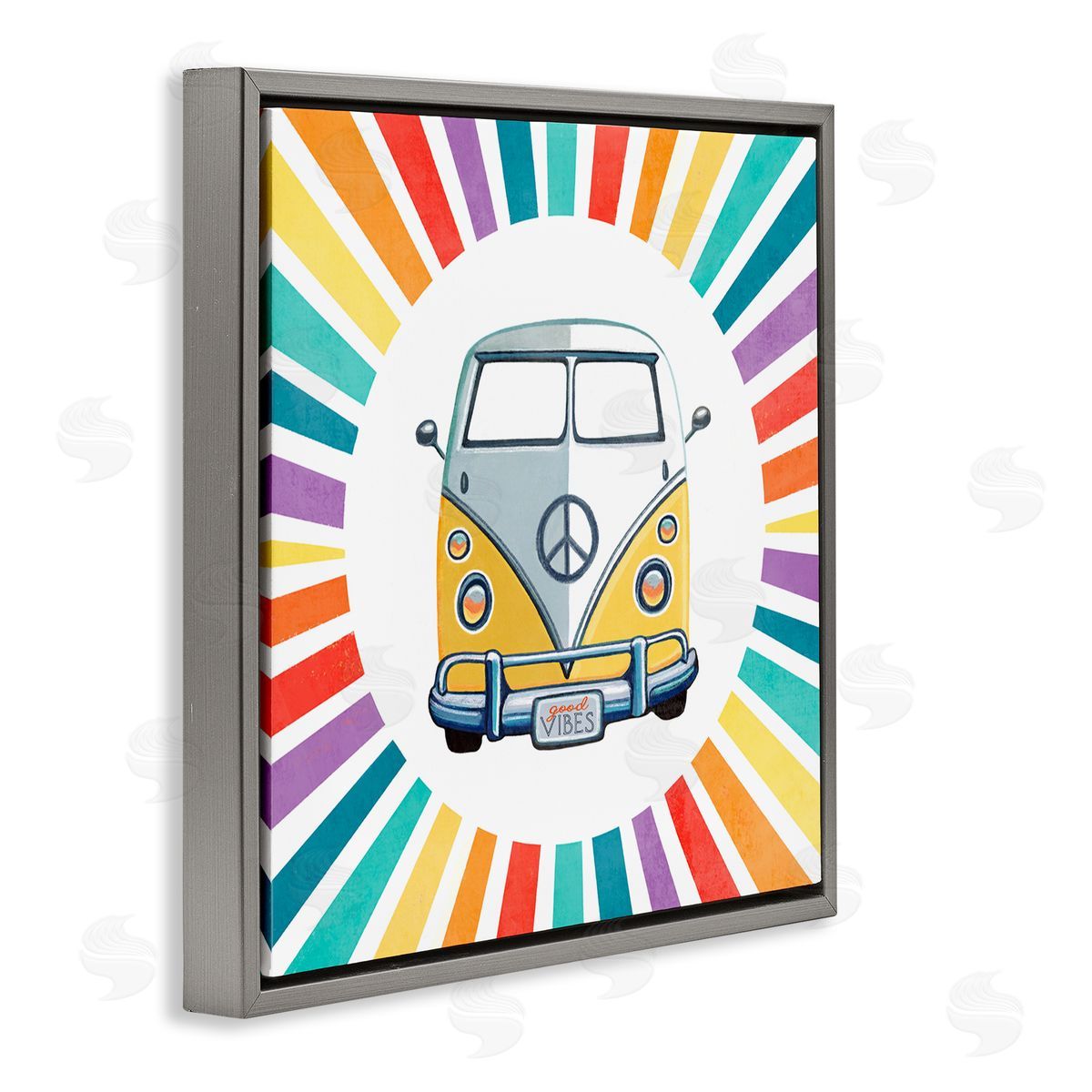 Elizabeth Tyndall Good Vibes Hippie Retro Camper Bus Rainbow Stripes Gray Floating Frame Canvas Wall Art Print