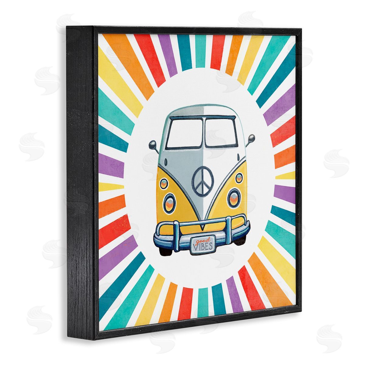 Elizabeth Tyndall Good Vibes Hippie Retro Camper Bus Rainbow Stripes Black Framed Glicee Wall Art Print