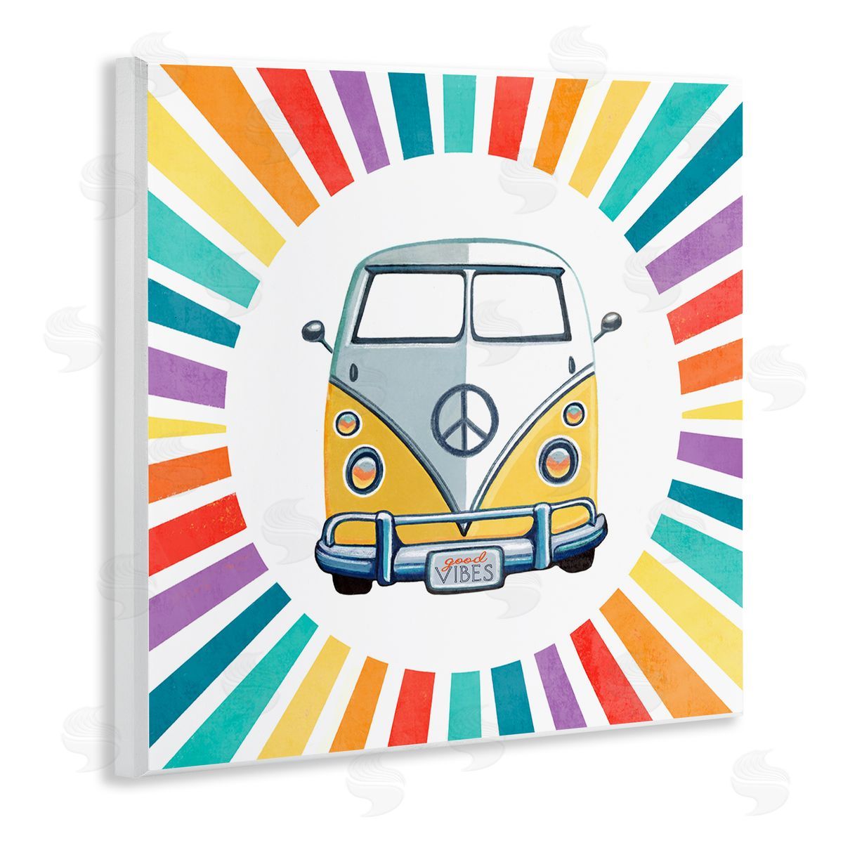 Elizabeth Tyndall Good Vibes Hippie Retro Camper Bus Rainbow Stripes Wooden Wall Plaque Art Print