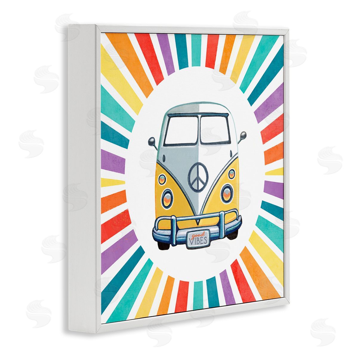Elizabeth Tyndall Good Vibes Hippie Retro Camper Bus Rainbow Stripes White Framed Glicee Wall Art Print