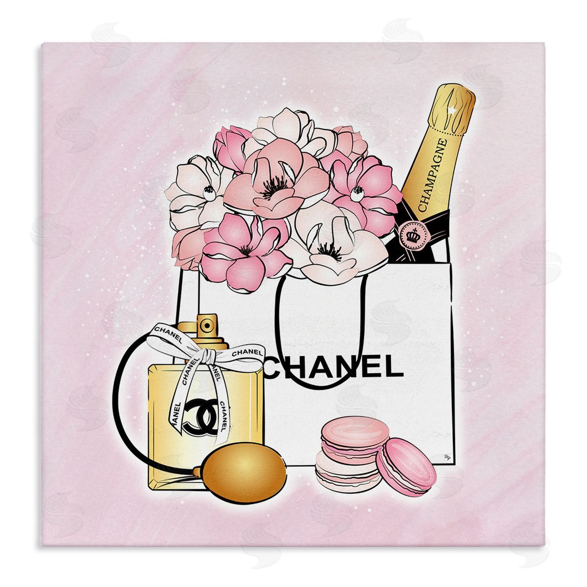 Martina Pavlova Golden Perfume Flowered Fashion Shopping Bag Confectionary Macaroons  Stretched Canvas Wall Art Print