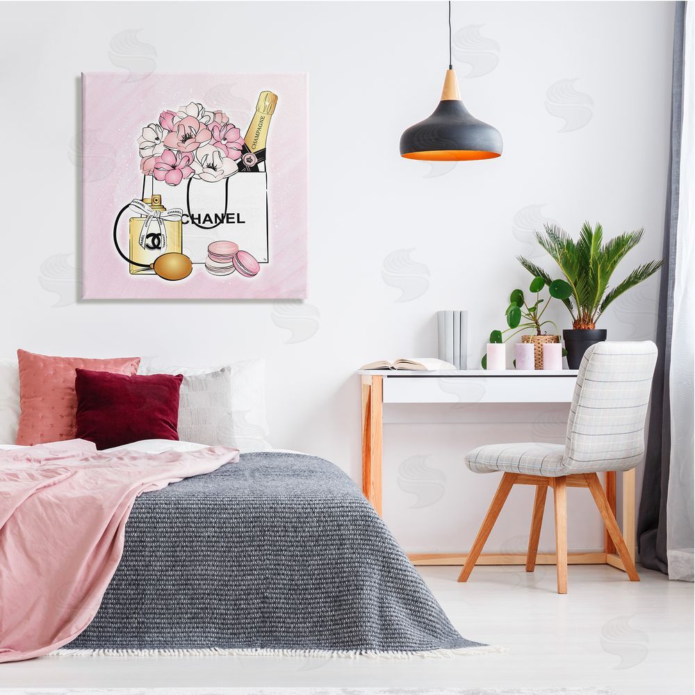 Martina Pavlova Golden Perfume Flowered Fashion Shopping Bag Confectionary Macaroons  Canvas Wall Art in Room