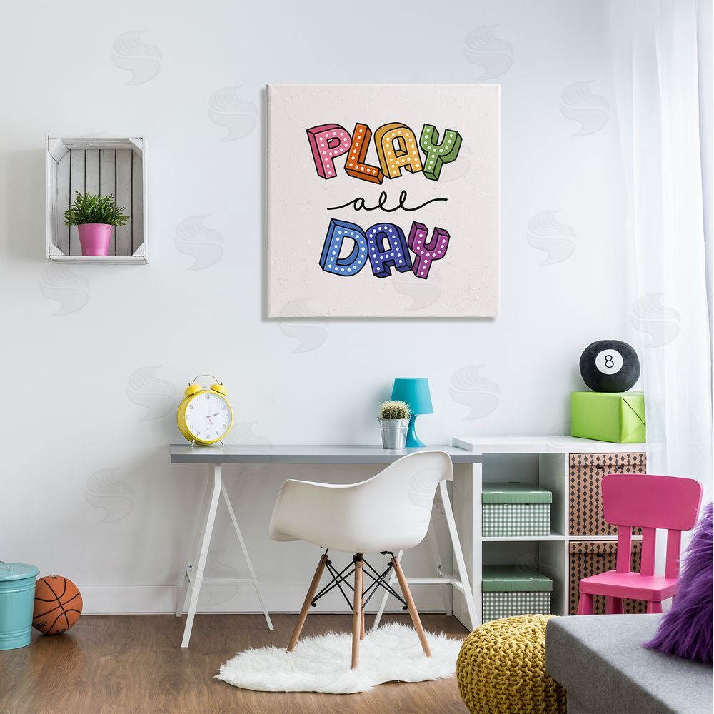 Raye Allison Creations Play All Day Phrase Funk Kids Retro Lettering Canvas Wall Art in Room
