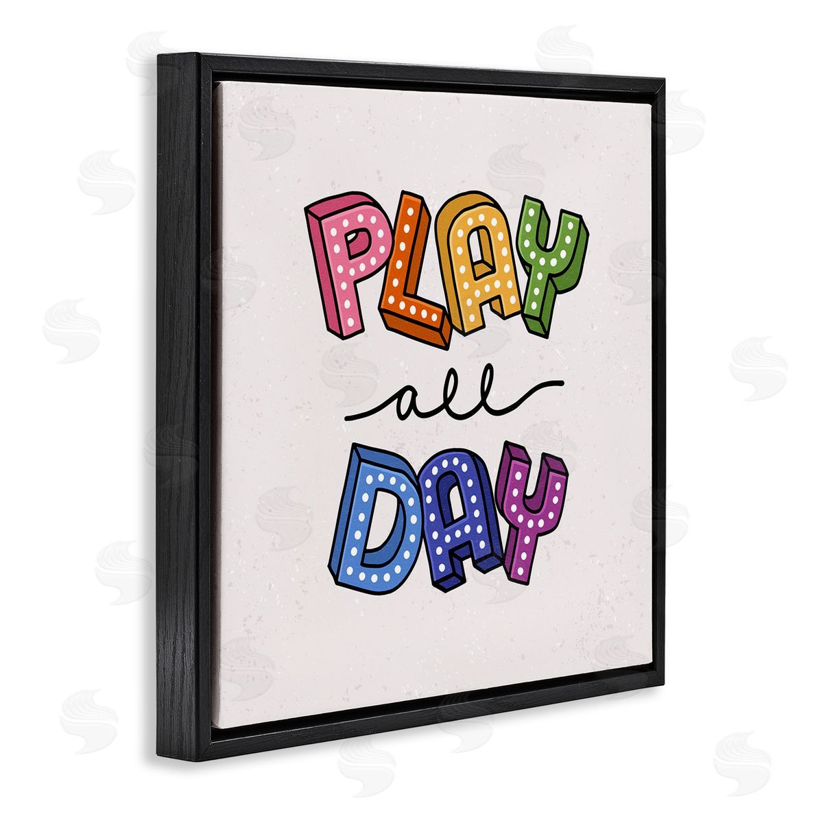 Raye Allison Creations Play All Day Phrase Funk Kids Retro Lettering Black Floating Frame Canvas Wall Art Print