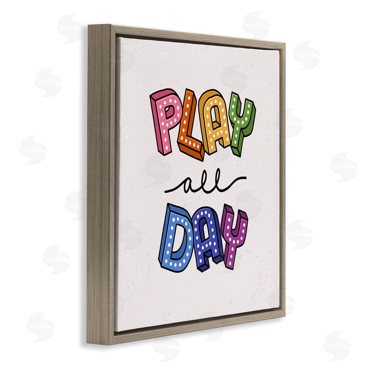 Raye Allison Creations Play All Day Phrase Funk Kids Retro Lettering Brown Floating Frame Canvas Wall Art Print