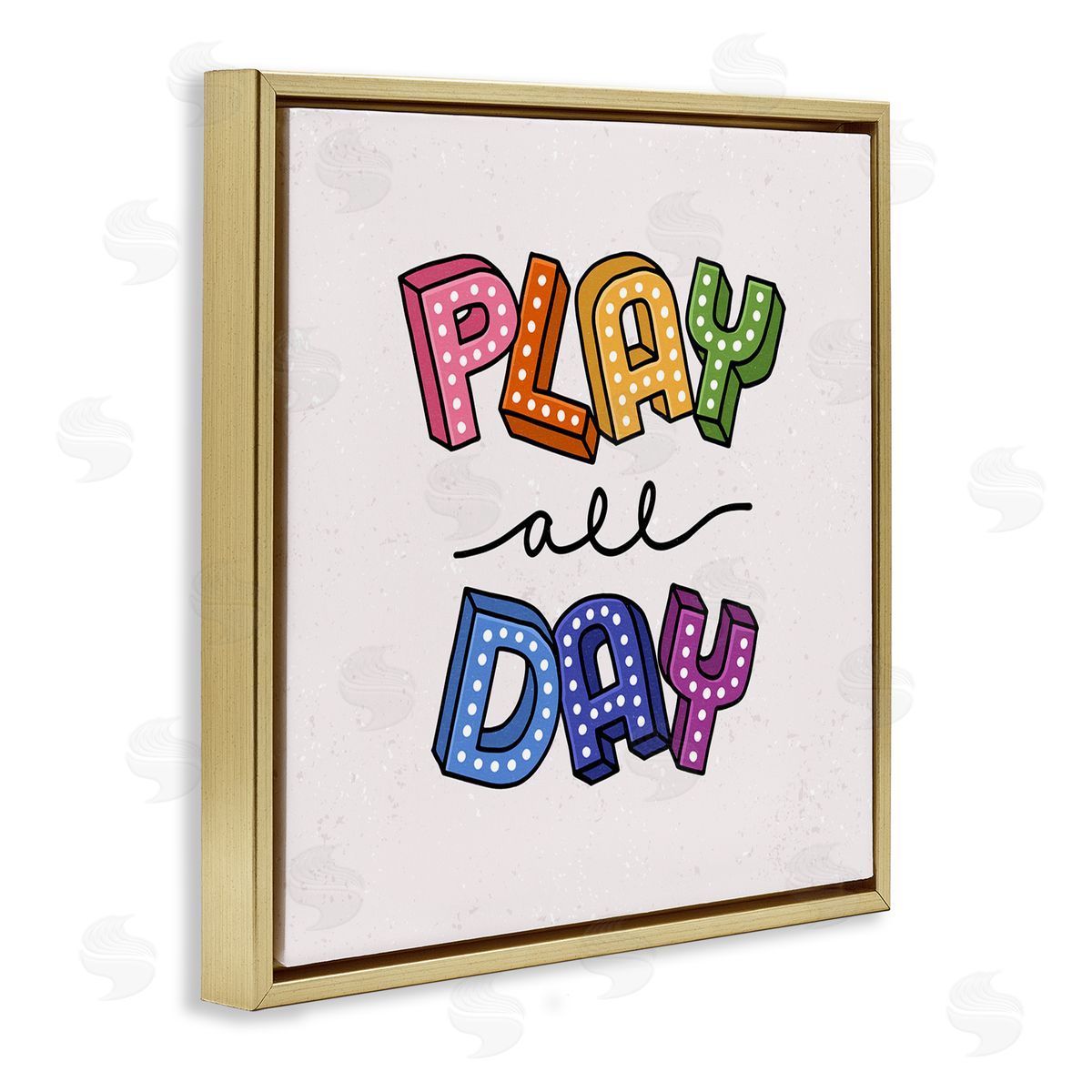Raye Allison Creations Play All Day Phrase Funk Kids Retro Lettering Gold Floating Frame Canvas Wall Art Print