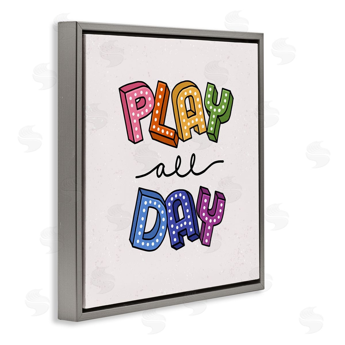 Raye Allison Creations Play All Day Phrase Funk Kids Retro Lettering Gray Floating Frame Canvas Wall Art Print