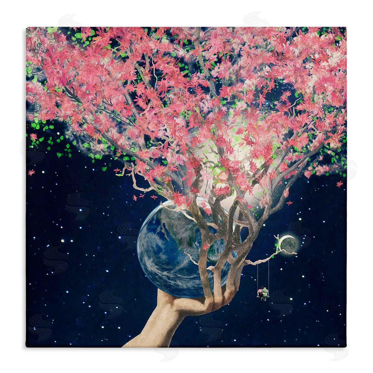 Paula Belle Flores Hand Holding Earth Blossoms Surreal Planet Lunar Starry Night Stretched Canvas Wall Art Print