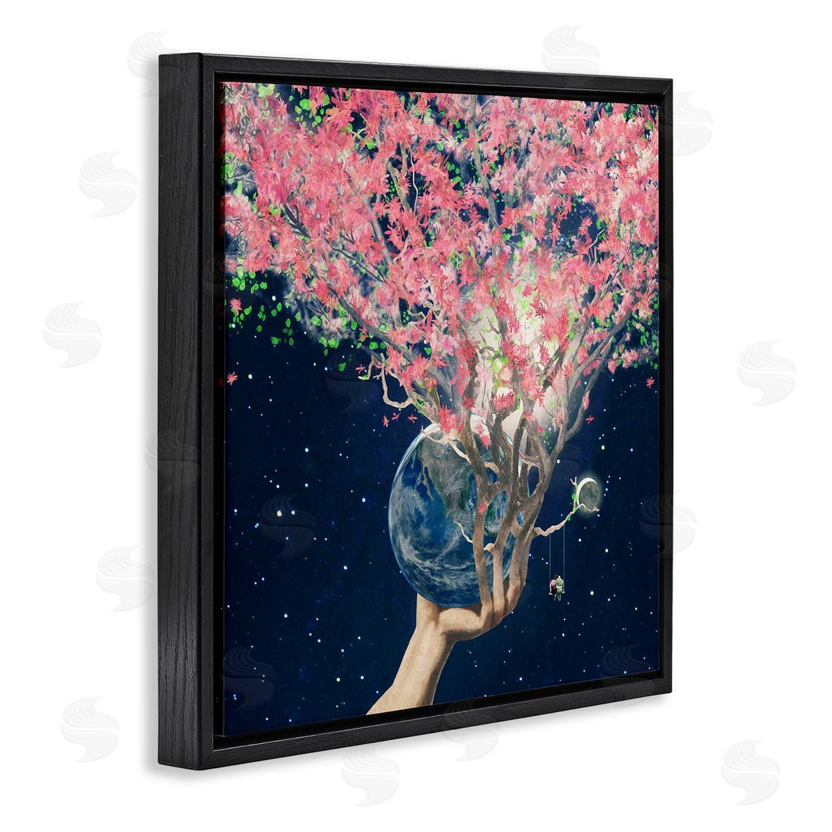 Paula Belle Flores Hand Holding Earth Blossoms Surreal Planet Lunar Starry Night Black Floating Frame Canvas Wall Art Print