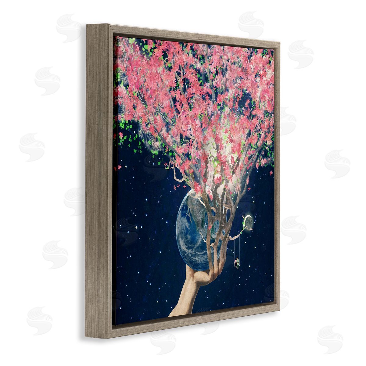 Paula Belle Flores Hand Holding Earth Blossoms Surreal Planet Lunar Starry Night Brown Floating Frame Canvas Wall Art Print