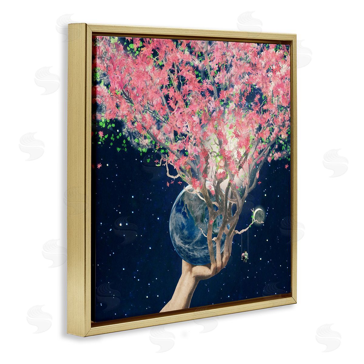 Paula Belle Flores Hand Holding Earth Blossoms Surreal Planet Lunar Starry Night Gold Floating Frame Canvas Wall Art Print