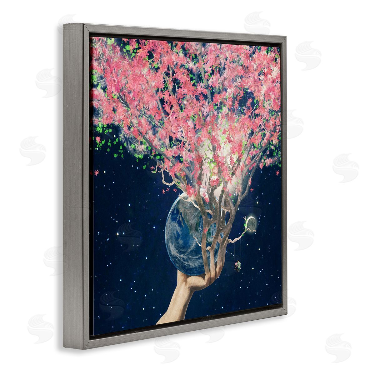 Paula Belle Flores Hand Holding Earth Blossoms Surreal Planet Lunar Starry Night Gray Floating Frame Canvas Wall Art Print
