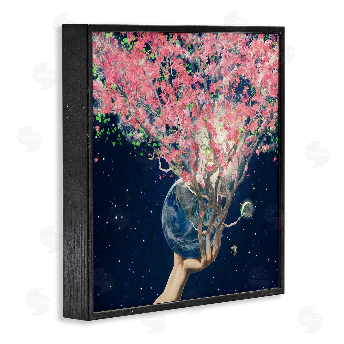 Paula Belle Flores Hand Holding Earth Blossoms Surreal Planet Lunar Starry Night Black Framed Glicee Wall Art Print