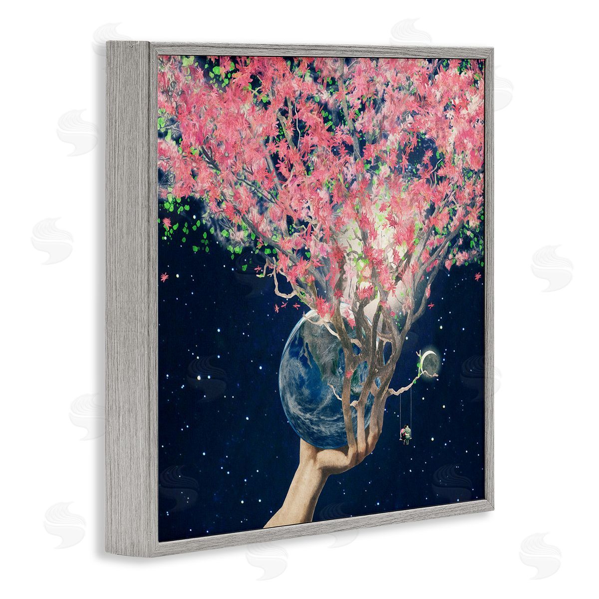 Paula Belle Flores Hand Holding Earth Blossoms Surreal Planet Lunar Starry Night Gray Framed Glicee Wall Art Print