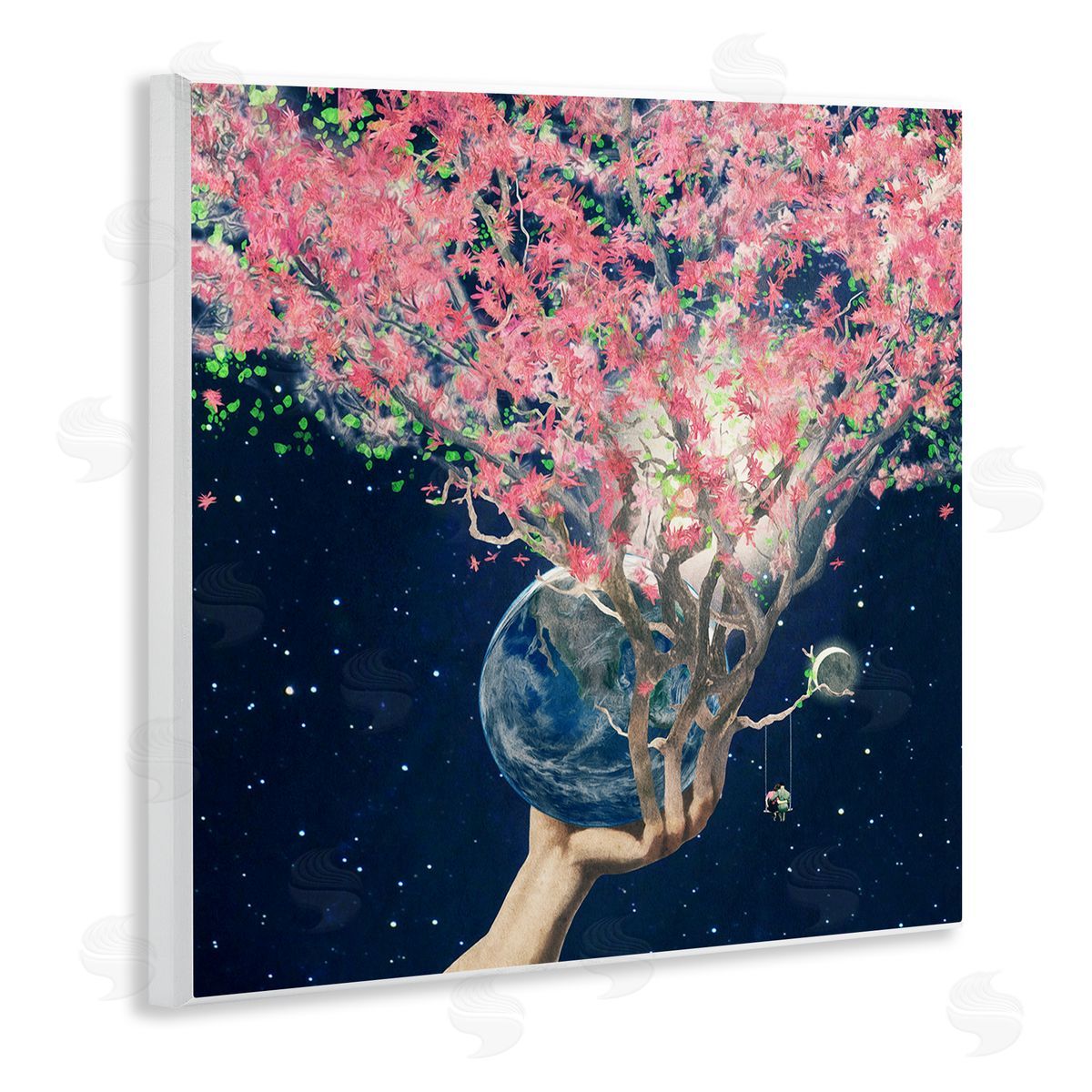 Paula Belle Flores Hand Holding Earth Blossoms Surreal Planet Lunar Starry Night Wooden Wall Plaque Art Print