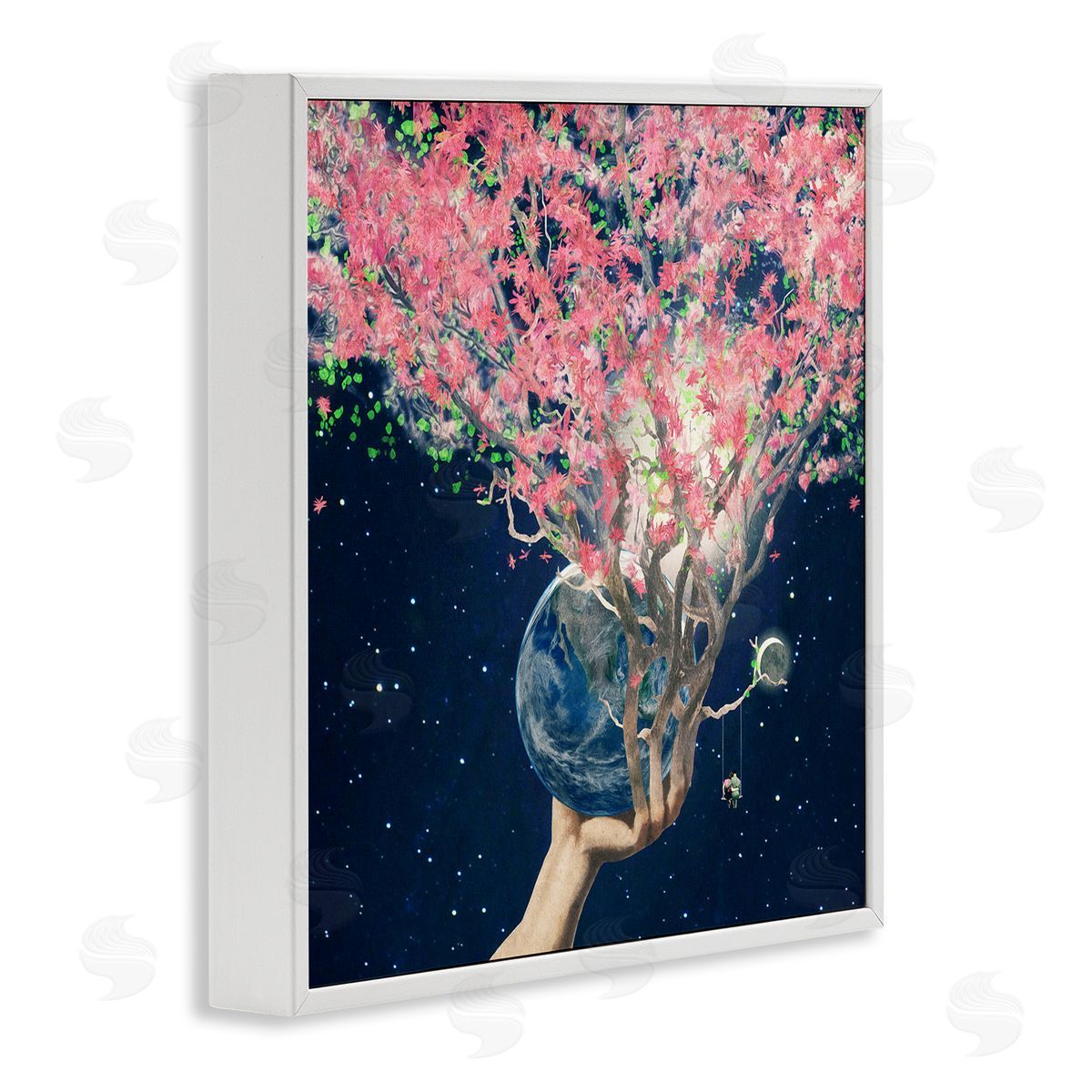 Paula Belle Flores Hand Holding Earth Blossoms Surreal Planet Lunar Starry Night White Framed Glicee Wall Art Print