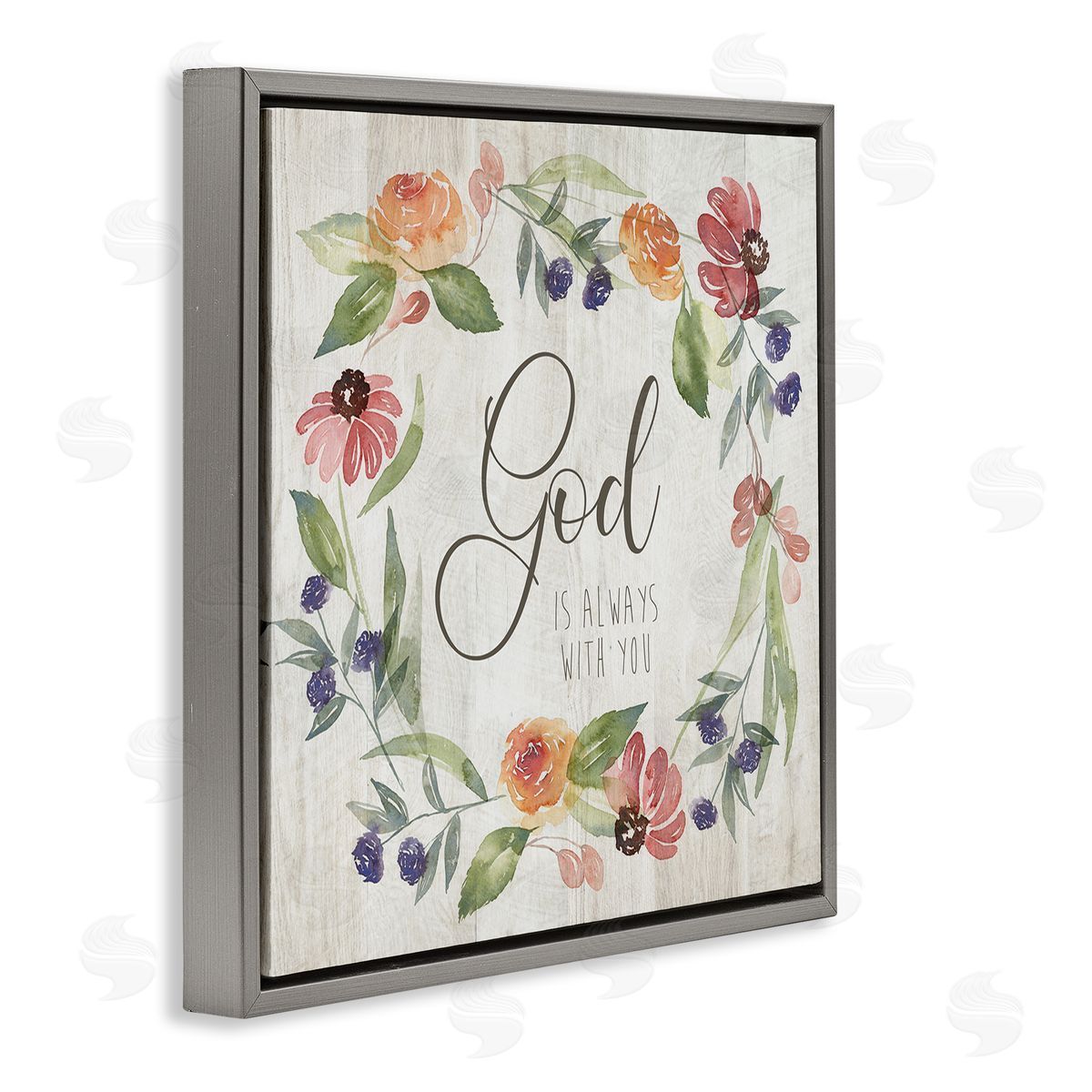 Kristen Brockmon God Always with You Sentiment Wild Flower Wreath Gray Floating Frame Canvas Wall Art Print