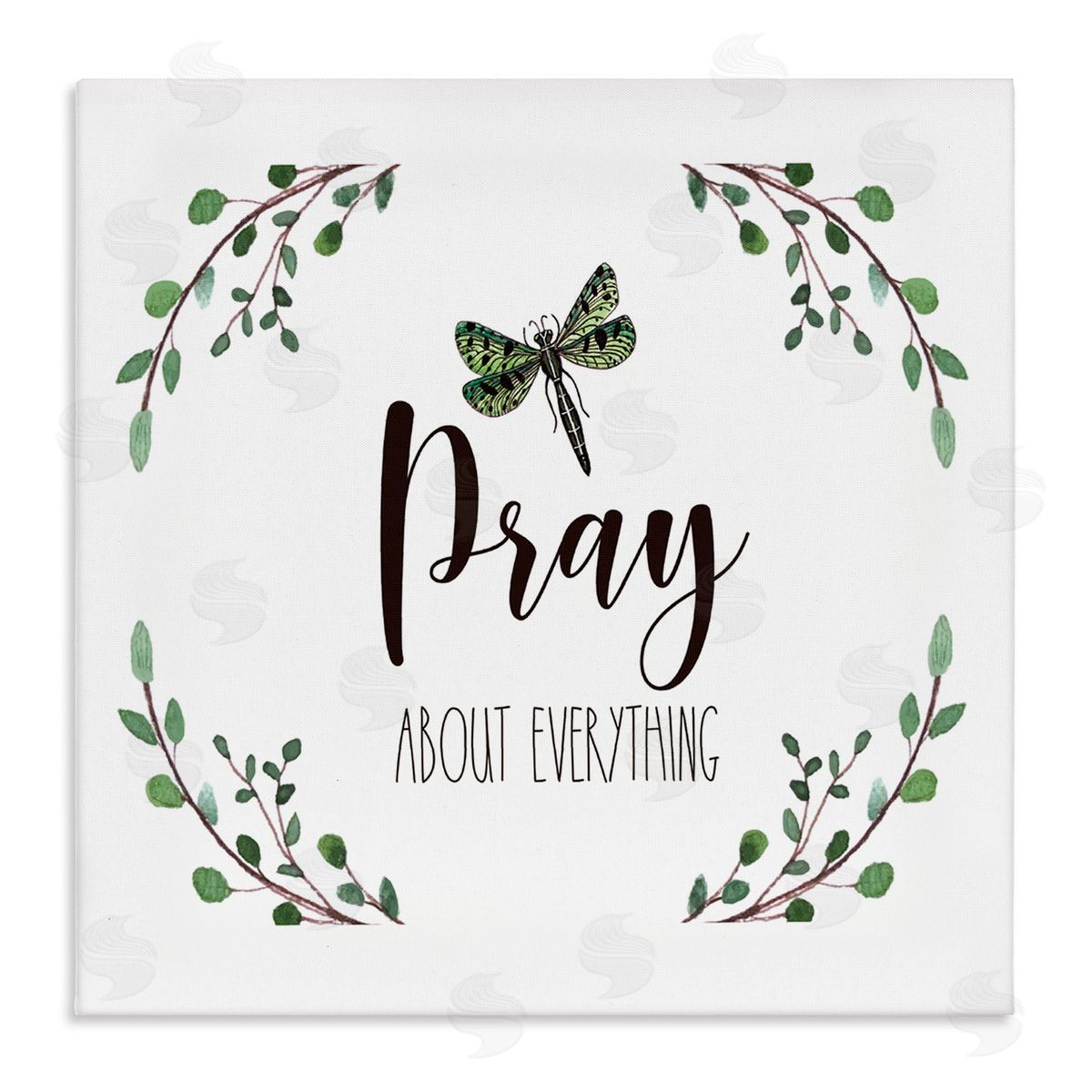 Elizabeth Tyndall Pray About Everything Dragonfly Insect Laurel Branch Crown Stretched Canvas Wall Art Print