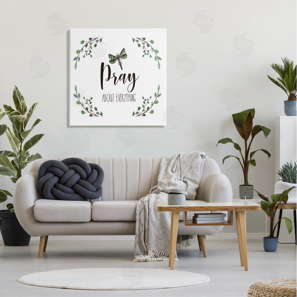 Elizabeth Tyndall Pray About Everything Dragonfly Insect Laurel Branch Crown Canvas Wall Art in Room