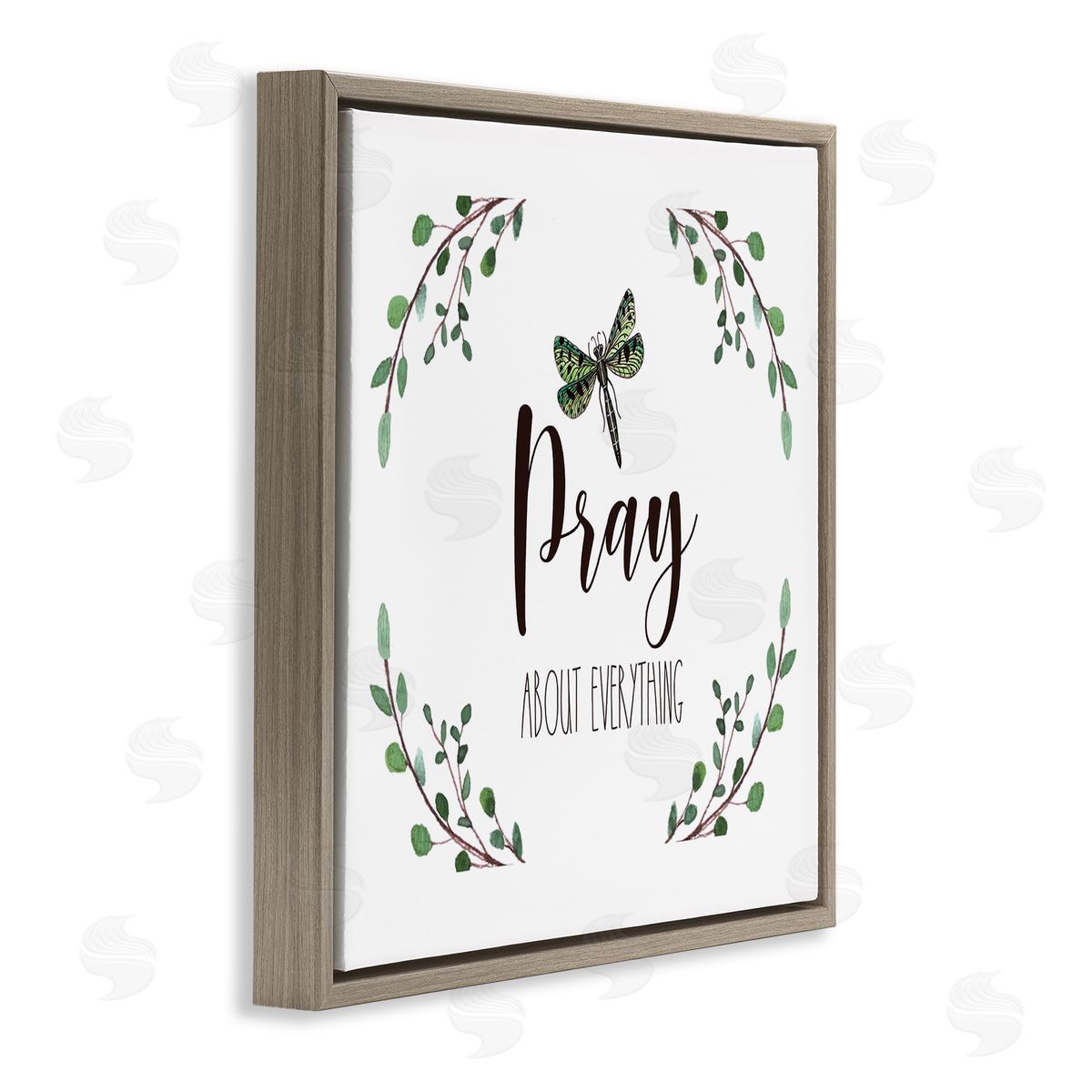 Elizabeth Tyndall Pray About Everything Dragonfly Insect Laurel Branch Crown Brown Floating Frame Canvas Wall Art Print