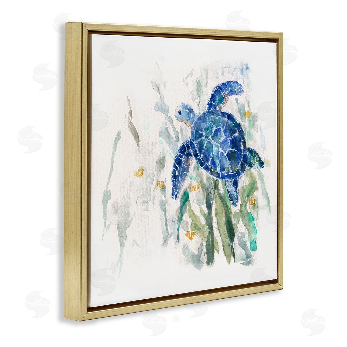 Sally Swatland Beautiful Blue Sea Turtle Swimming Plants Painting  Gold Floating Frame Canvas Wall Art Print