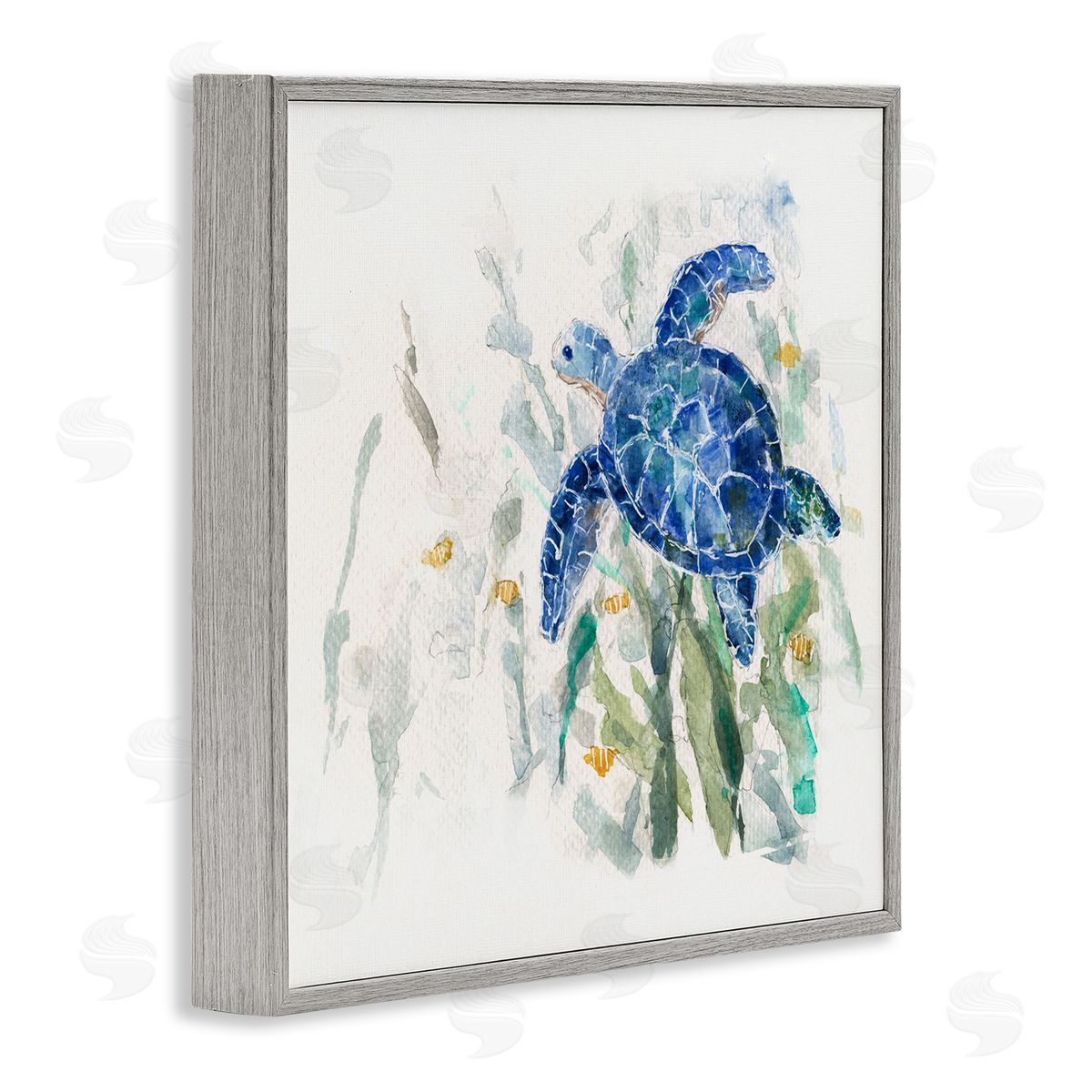Sally Swatland Beautiful Blue Sea Turtle Swimming Plants Painting  Gray Framed Glicee Wall Art Print