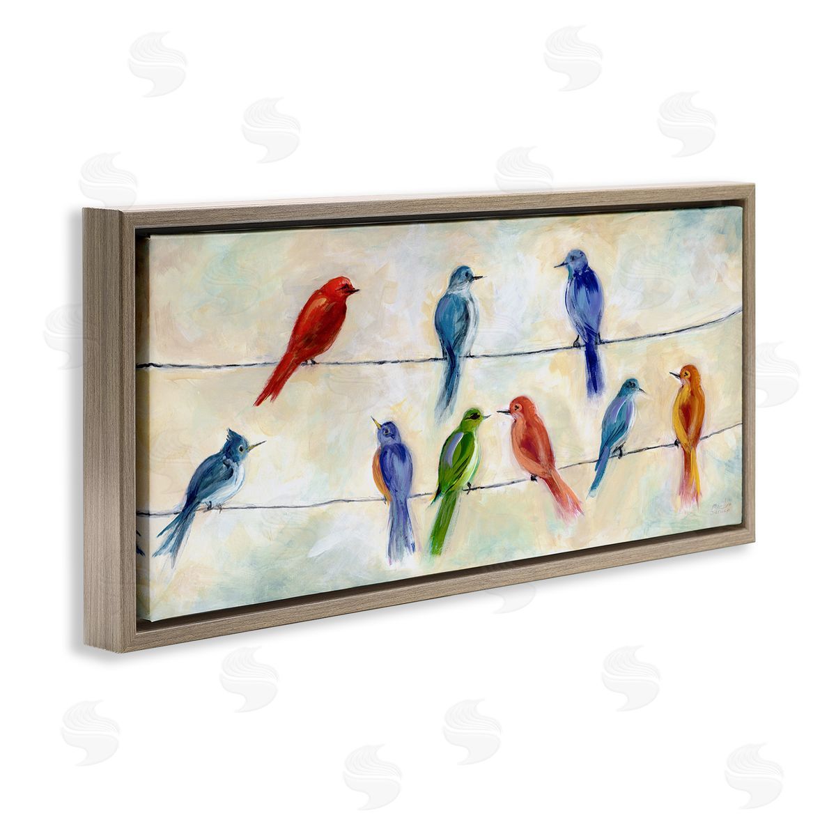 Marilyn Dunlap Rainbow Canary Birds Sitting Wire Cloudy Day Painting