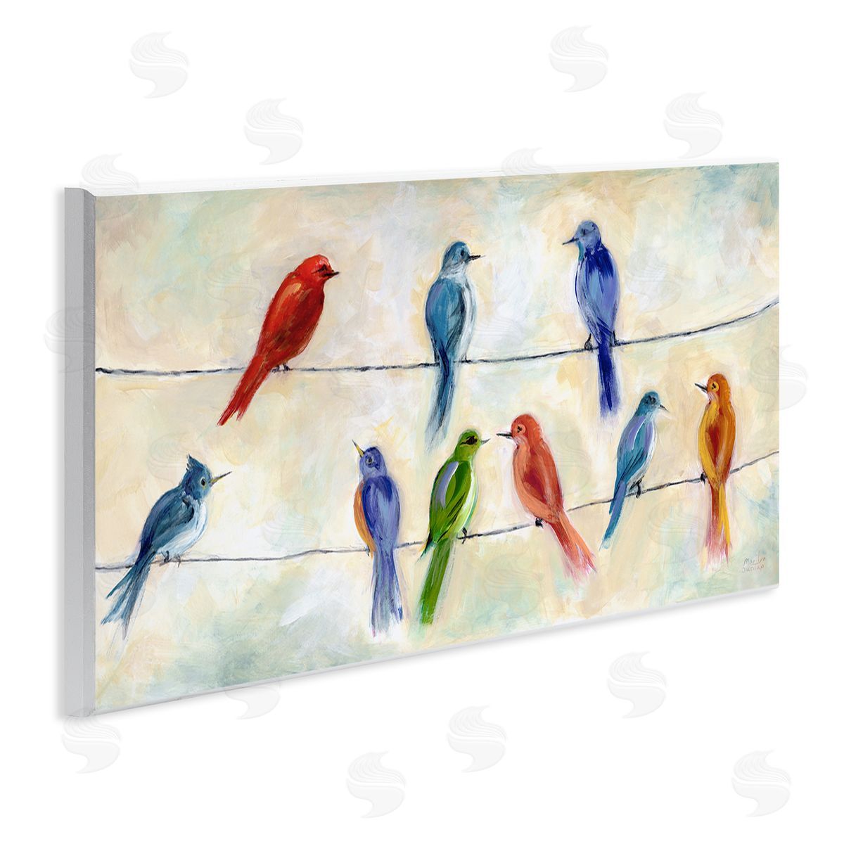 Marilyn Dunlap Rainbow Canary Birds Sitting Wire Cloudy Day Painting