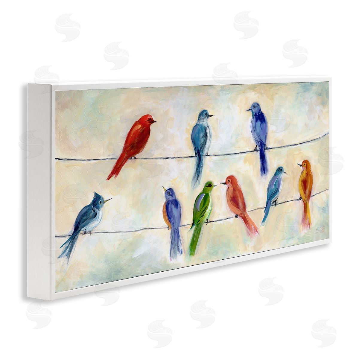 Marilyn Dunlap Rainbow Canary Birds Sitting Wire Cloudy Day Painting