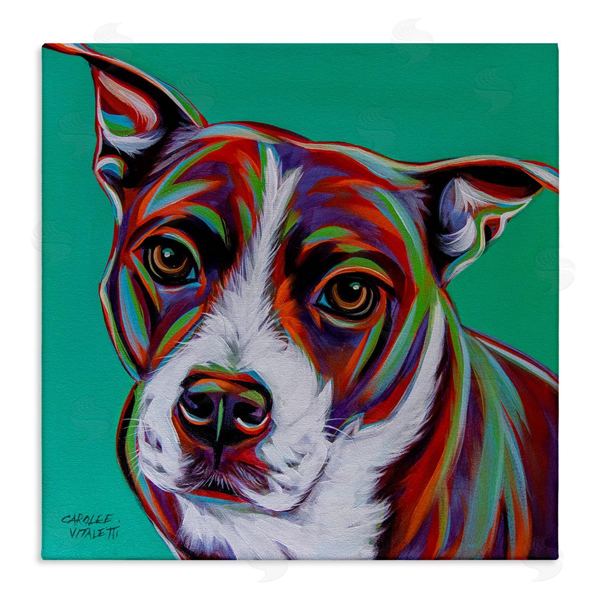 Carolee Vitaletti Cute Dog Looking Portrait Bold Green Pop Style Background  Stretched Canvas Wall Art Print