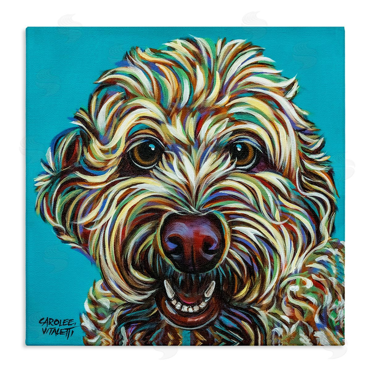 Carolee Vitaletti Blue Pop Style Bright Bold Shaggy Dog Portrait Stretched Canvas Wall Art Print