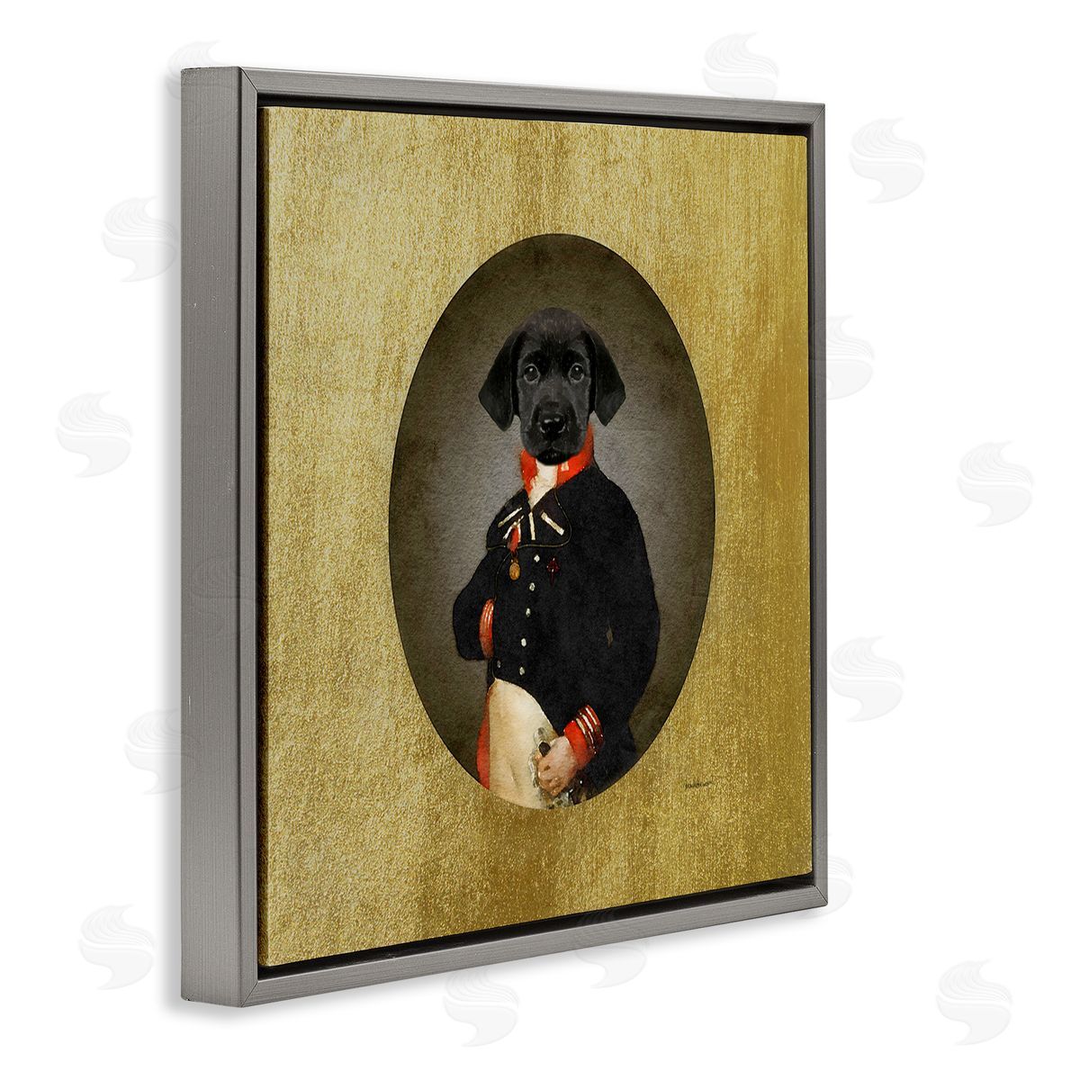 Amanda Greenwood Funny Black Dog Wearing Suit Vintage Admiral Portrait Gray Floating Frame Canvas Wall Art Print