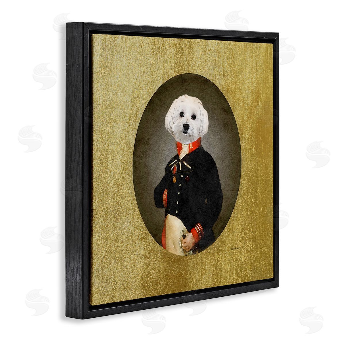 Amanda Greenwood Funny Classic Vintage Style White Dog Wearing Military Uniform Black Floating Frame Canvas Wall Art Print