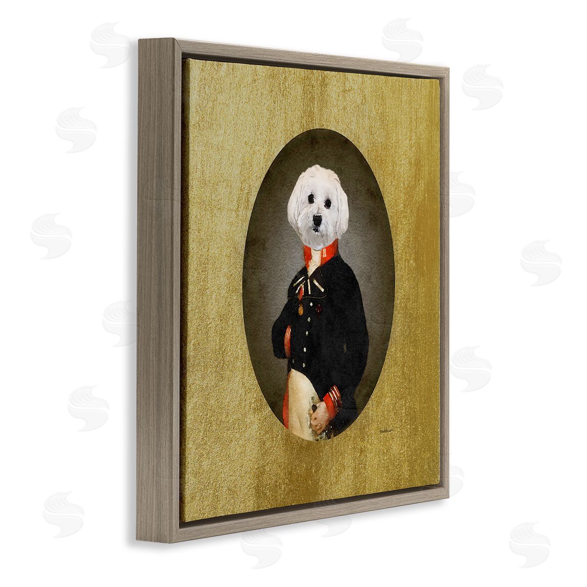 Amanda Greenwood Funny Classic Vintage Style White Dog Wearing Military Uniform Brown Floating Frame Canvas Wall Art Print