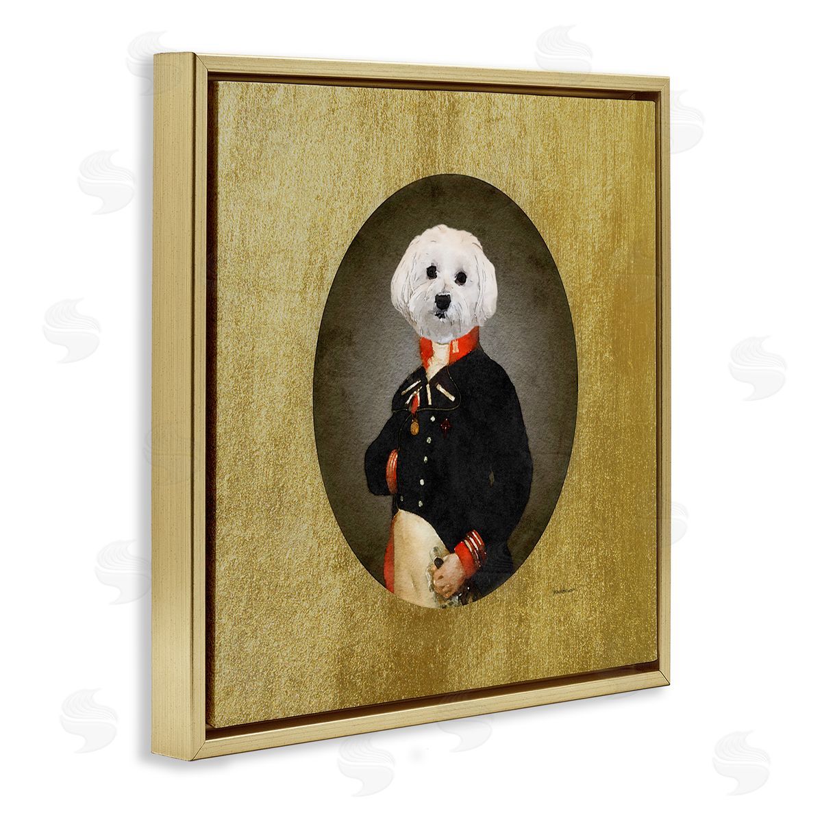 Amanda Greenwood Funny Classic Vintage Style White Dog Wearing Military Uniform Gold Floating Frame Canvas Wall Art Print