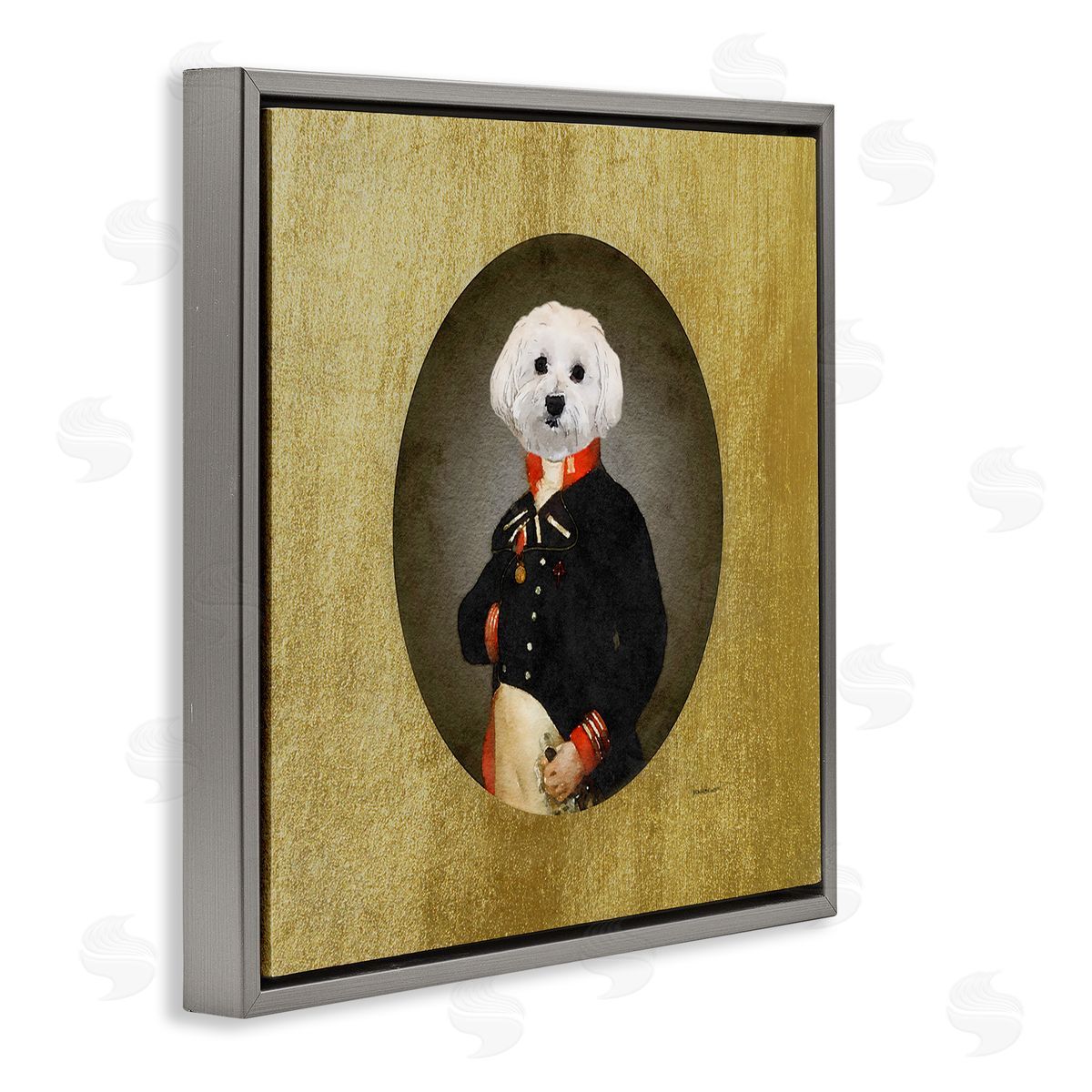 Amanda Greenwood Funny Classic Vintage Style White Dog Wearing Military Uniform Gray Floating Frame Canvas Wall Art Print