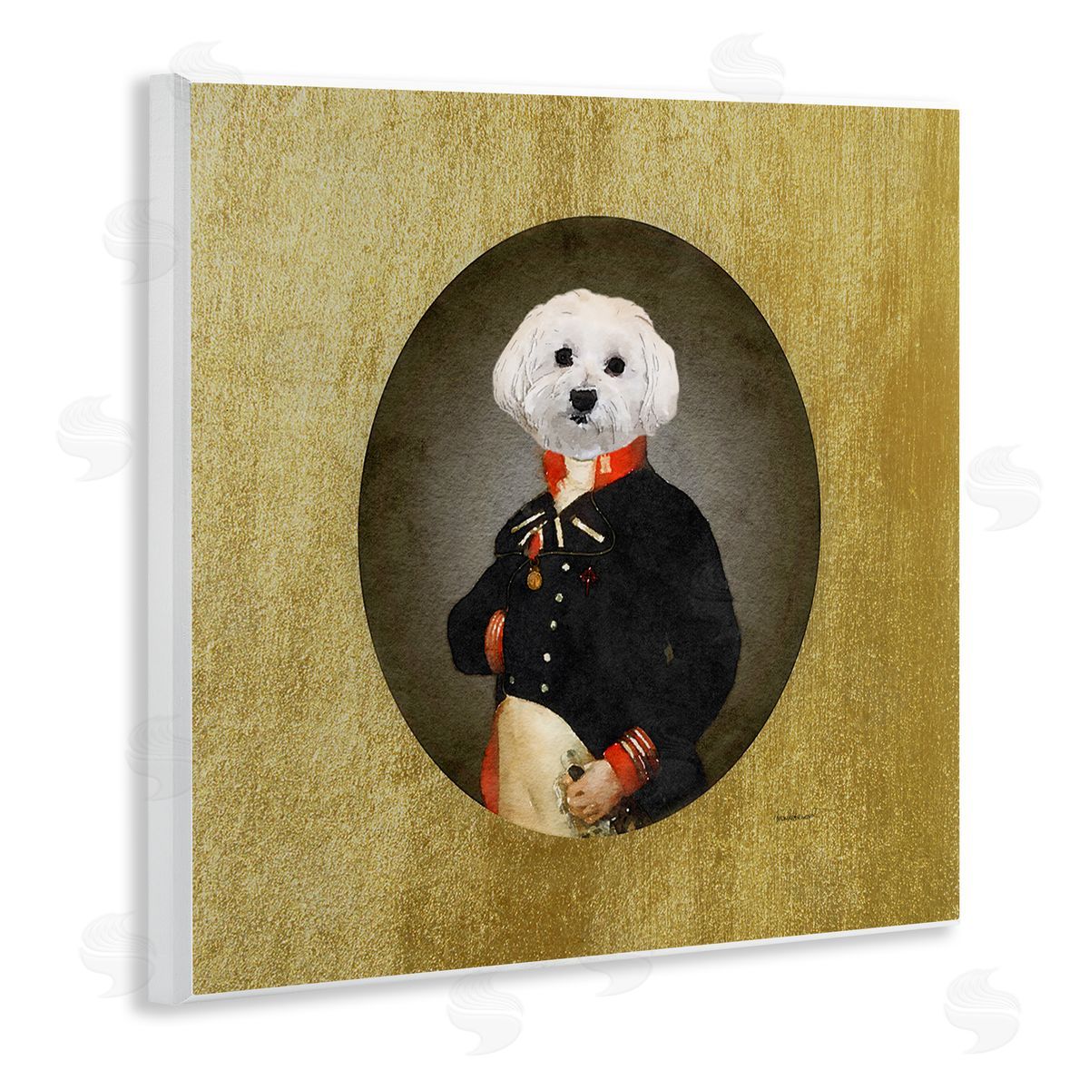 Amanda Greenwood Funny Classic Vintage Style White Dog Wearing Military Uniform Wooden Wall Plaque Art Print